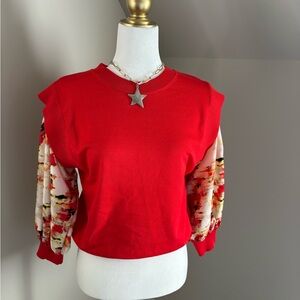 DKNY Red Sweatshirt with Floral Sleeves